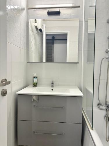 une salle de bain blanche avec un lavabo et un miroir dans l'établissement 4 pers , 100m de la plage marina baie des anges French Riviera, à Villeneuve-Loubet