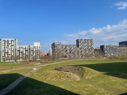 a park in front of a city with tall buildings at Modern apartment in Ørestad in Copenhagen