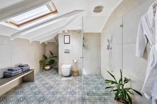 uma casa de banho com um chuveiro e um WC. em Valley Suites em Luzit