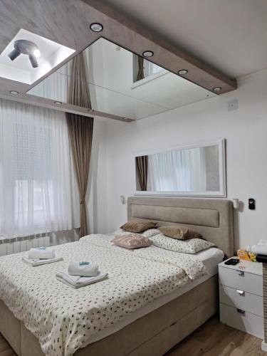 um quarto com uma cama e um espelho grande em JACUZZI LUX SANJA em Subotica