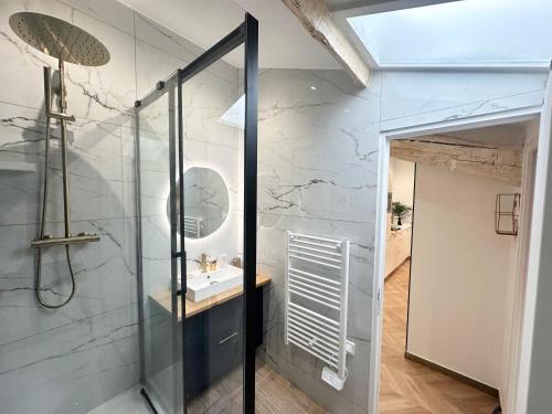 une salle de bain avec un lavabo et une douche en verre dans l'établissement Elegant mansardé-place du pin, à Nice