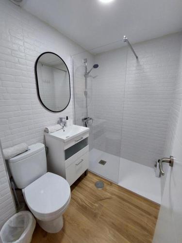 a bathroom with a toilet and a sink and a mirror at Fray Isidoro Apartment in Seville