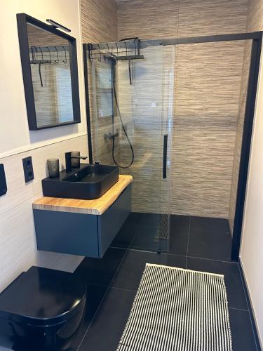 a bathroom with a black sink and a shower at Ferienwohnung Ambiente 2 in Naumburg