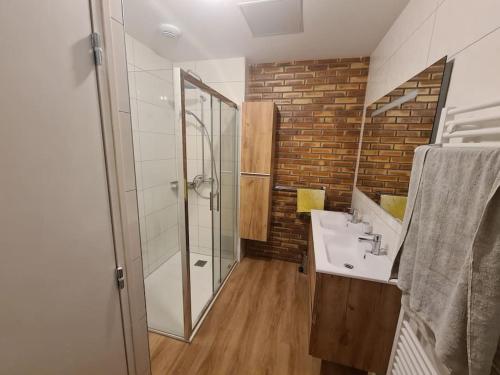 W łazience znajduje się umywalka i przeszklony prysznic. w obiekcie bel appartement neuf 3 pièces w mieście Orbey