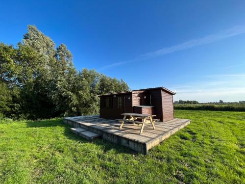a cabin in a field with a bench on a deck at De Fuut in Nieuwe-Niedorp