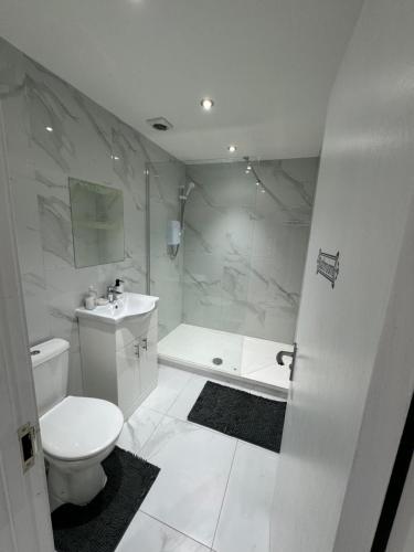 Baño blanco con aseo y lavamanos en Fully furnished 1 Bedroom flat en Londres