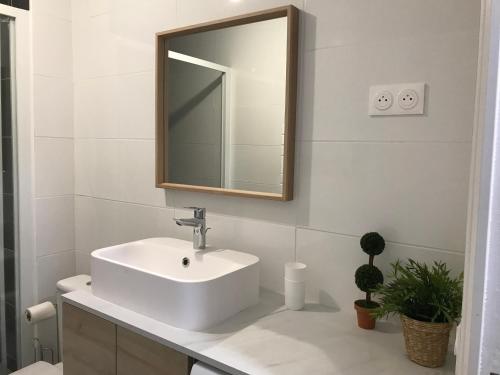 a bathroom with a white sink and a mirror at Une jolie vue - Appt 2 pièces Vue mer Balcon sud in Wimereux