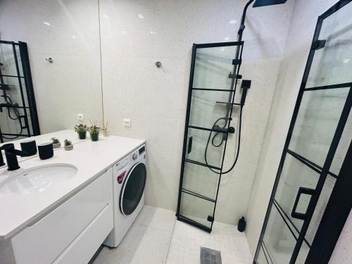a bathroom with a washing machine and a glass shower at Apartment Targowa L8 in Lublin
