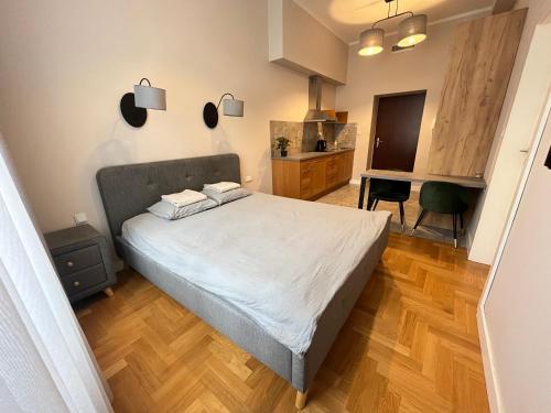 a bedroom with a large bed and a kitchen at Studencka st Studio in Krakow