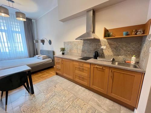 a kitchen with a sink and a bed in a room at Studencka st Studio in Krakow