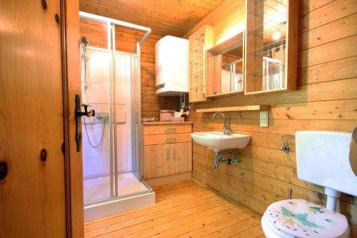 ein Bad mit einem WC, einem Waschbecken und einer Dusche in der Unterkunft Almliesl STEF-633 in Sankt Stefan im Lavanttal