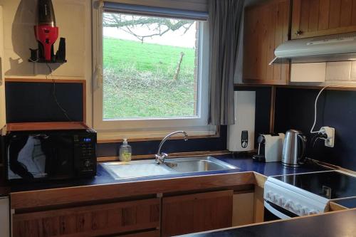 a kitchen with a sink and a microwave and a window at Havane13 in Hastière-par-delà