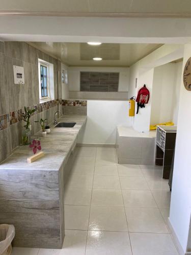 a large kitchen with a sink and a counter at Villa Jair Hotel in Filandia