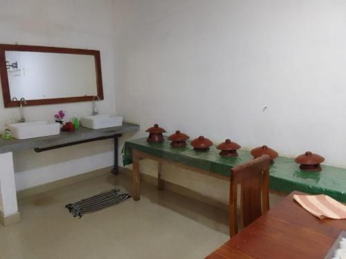 a bathroom with a counter with a sink and a mirror at Sisila Guest House in Polonnaruwa