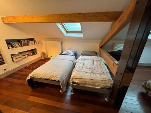 een slaapkamer met 2 bedden op een zolder bij Belle maison de ville dans Lyon in Lyon