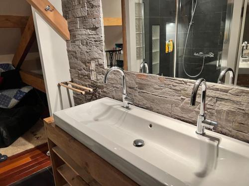 a bathroom sink with two faucets and a mirror at Belle maison de ville dans Lyon in Lyon