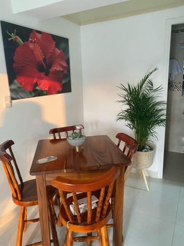 a wooden dining room table with chairs and a plant at Villa Jair Hotel in Filandia