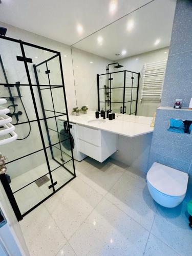 La salle de bains est pourvue de toilettes, d'un lavabo et d'une douche. dans l'établissement Apartment Targowa L10, à Lublin