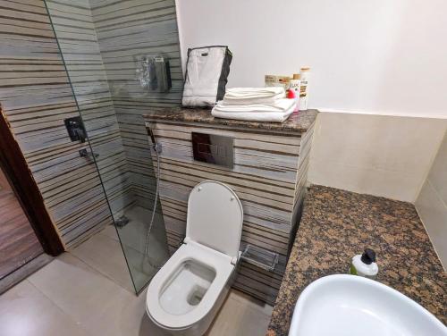 La salle de bains est pourvue de toilettes et d'un lavabo. dans l'établissement GoldCrest Mall - Classic One-Bed Suite, à Lahore