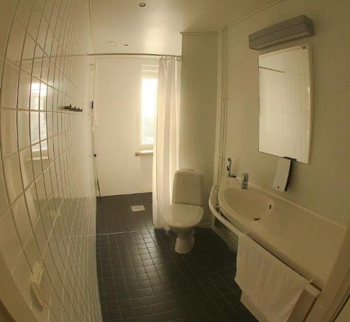 a bathroom with a toilet and a sink and a shower at Huoneistohotelli Valo in Heinola
