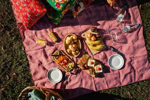 a picnic with food and drinks on a blanket at Hotel Petrópolis in Nova Petrópolis