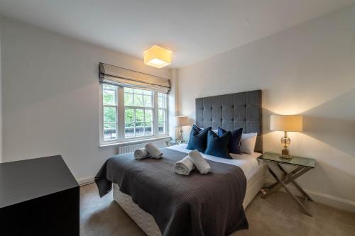 een slaapkamer met een bed met blauwe kussens en een raam bij Chelsea Pelham Apartments in Londen
