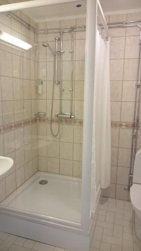 a bathroom with a shower and a tub and a sink at Salnö Gård in Bylehamn