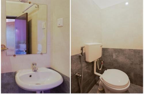 two pictures of a bathroom with a toilet and a sink at Hotel basanti in Puri