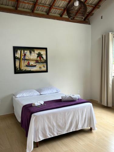 1 dormitorio con 1 cama con manta morada en Castelo fort en Alto Caparao