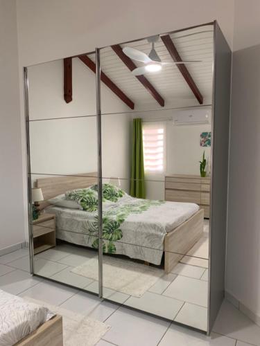a bedroom with a mirrored bed and green curtains at Tigili l'Appart Lagon in Capesterre-Belle-Eau