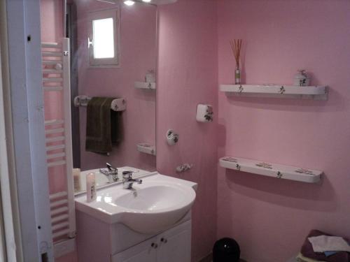 Baño rosa con lavabo y espejo en Maison En Pierres Proche Agnac en Firmi