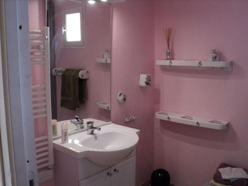 a pink bathroom with a sink and a mirror at Maison En Pierres Proche Agnac in Firmi