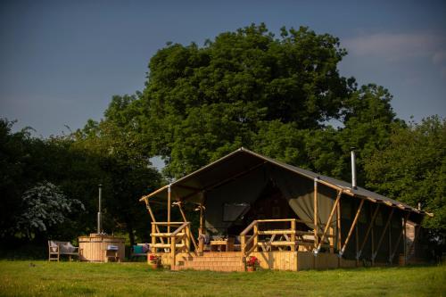 a large tent in a field in front of a tree at Cuckoo Down Farm Glamping in Venn Ottery