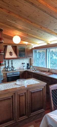 a kitchen with wooden cabinets and a large kitchen island at Η θέα Τhe View in Lílaia