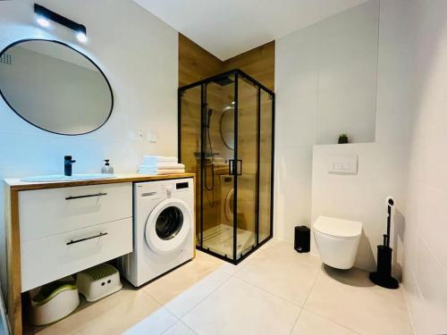 a bathroom with a washing machine and a shower at Apartament Primula 2 in Jaworki