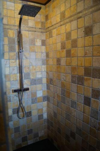 La salle de bains carrelée est pourvue d'une douche avec un pommeau de douche. dans l'établissement Un « Time-out  » en couple, famille ou entre amis., à Laragne