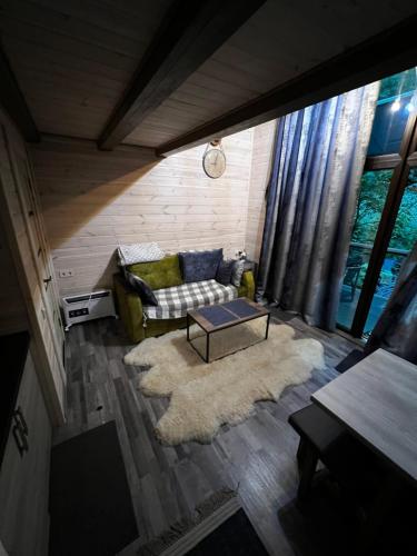 ein Wohnzimmer mit einem Sofa und einem Tisch in der Unterkunft Zona de odihnă Sirius in Chişinău