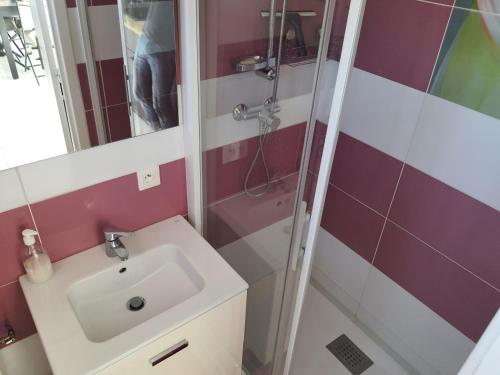 a bathroom with a sink and a shower at Front de mer, vue à 180° sur la méditerranée, accès direct plage in Cap d'Agde