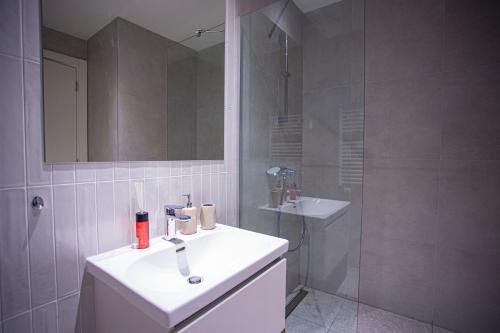 La salle de bains blanche est pourvue d'un lavabo et d'une douche. dans l'établissement inJoy, à Sajmište