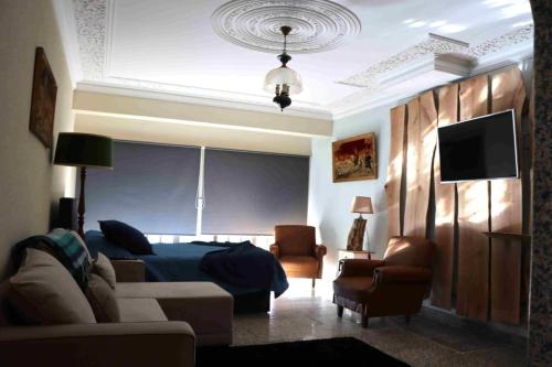 een slaapkamer met een bed, een bank en een tv bij Apartamento T1 do Patrão in Sabugueiro