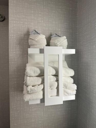 a stack of towels in a bathroom with a mirror at Hampton Inn South Heritage Park in Lincoln