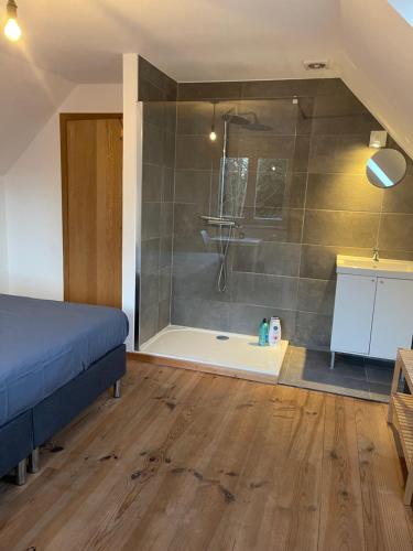 a bedroom with a shower and a bed and a bathroom at mooie vakantiewoning nabij Brugge in Damme