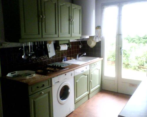 uma cozinha com armários verdes e uma máquina de lavar roupa em Vacances à Arès em Arès