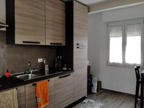 uma cozinha com armários de madeira, um lavatório e uma janela em Villa Cecilia em Scerni