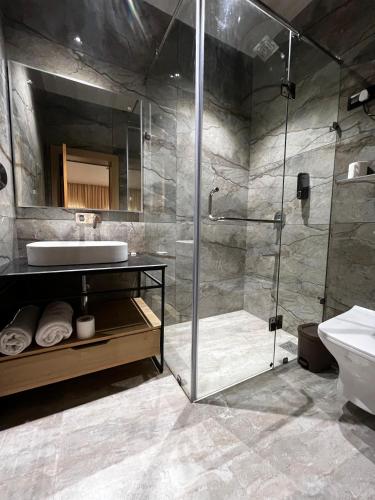 a bathroom with a shower and a sink at The Holiday Home in Srinagar