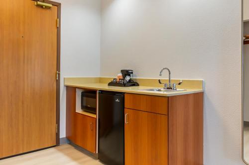 a kitchen with a sink and a black refrigerator at Comfort Inn & Suites Rapid City near Mt Rushmore in Rapid City