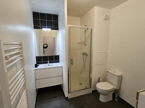 une salle de bain avec une douche, des toilettes et un lavabo dans l'établissement Appartement lumineux avec jardin et terrasse proche stade JO, à Bois-Colombes