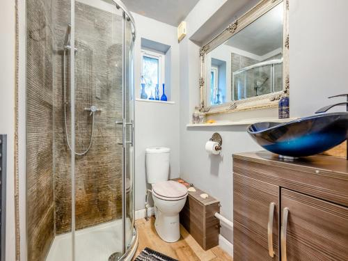 a bathroom with a toilet and a glass shower at Hindscarth Apartment - Uk39610 in Davidstow