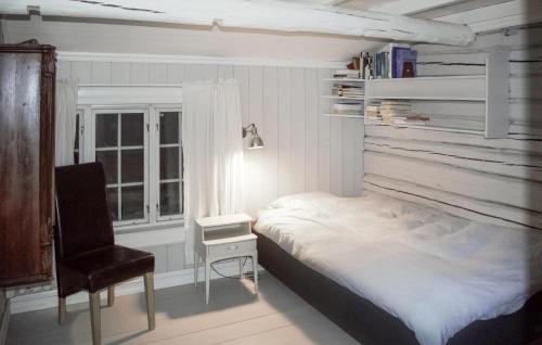 een slaapkamer met een bed, een stoel en een raam bij Pet Friendly Home In Rros With Kitchen in Røros