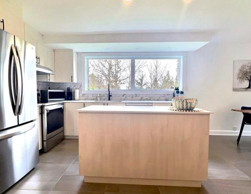 a kitchen with a large island in the middle at Le domaine du Sous-Bois in Mont-Blanc